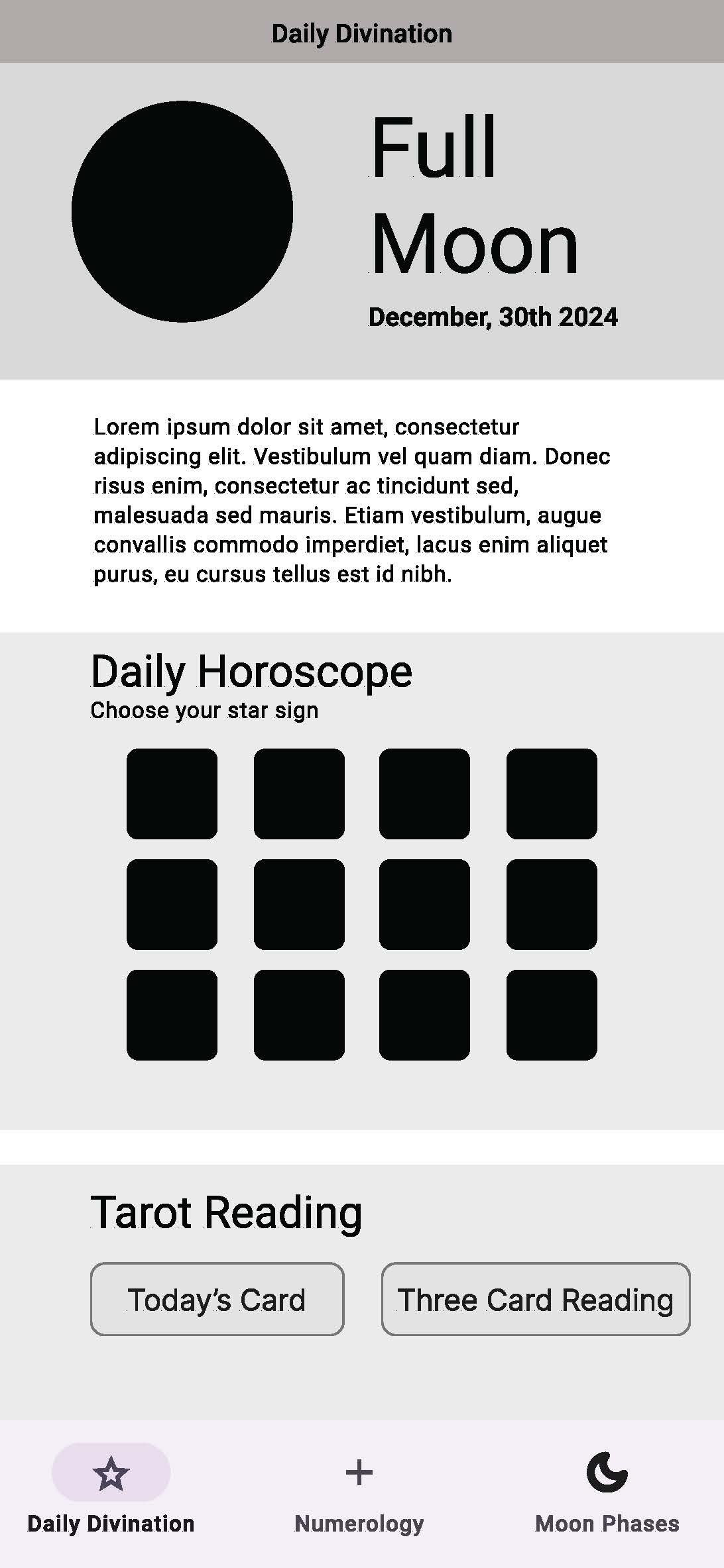 Daily Divination Figma wireframes page 1