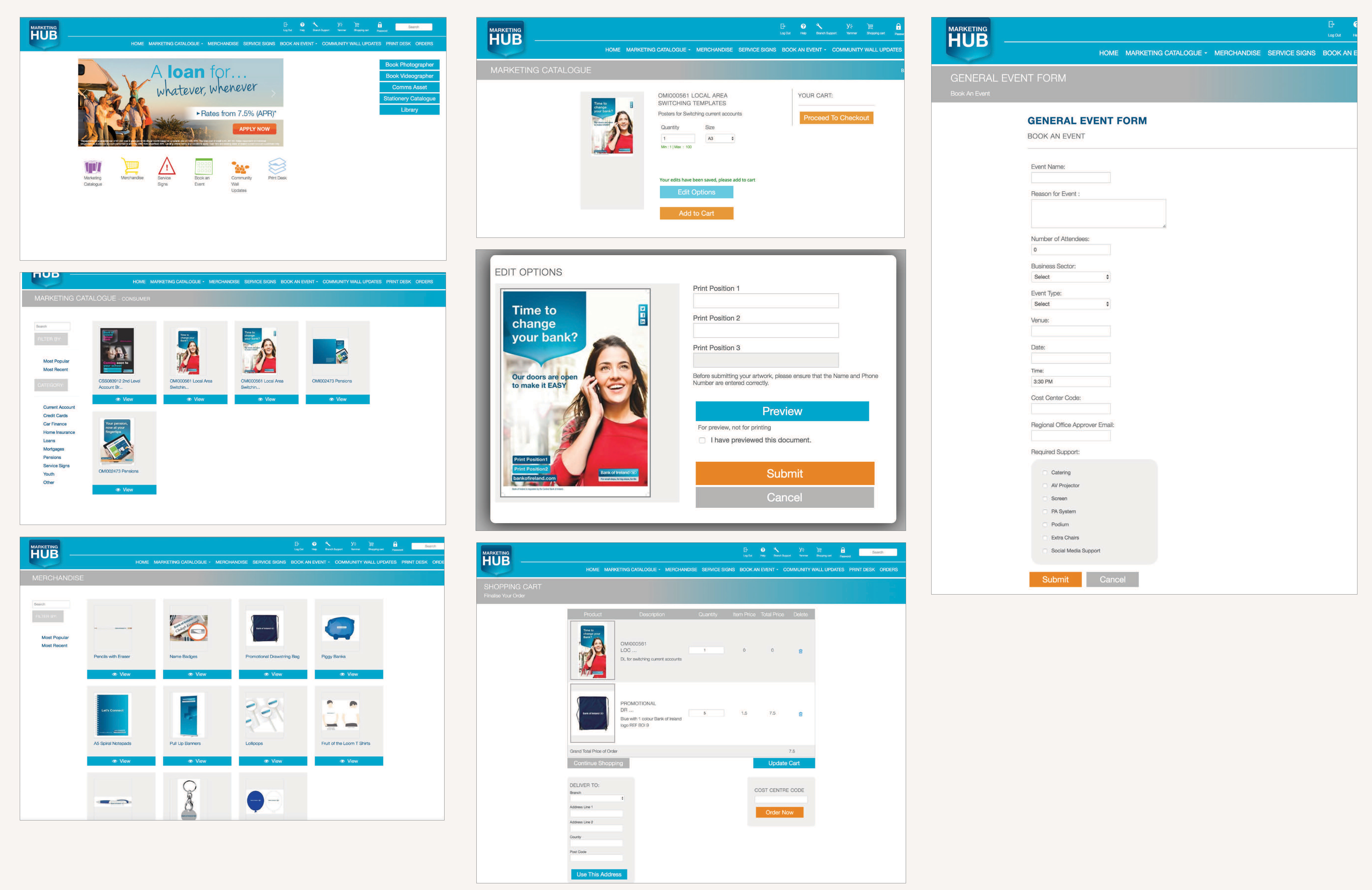 Marketing Hub screens, catalogue, checkout, event form